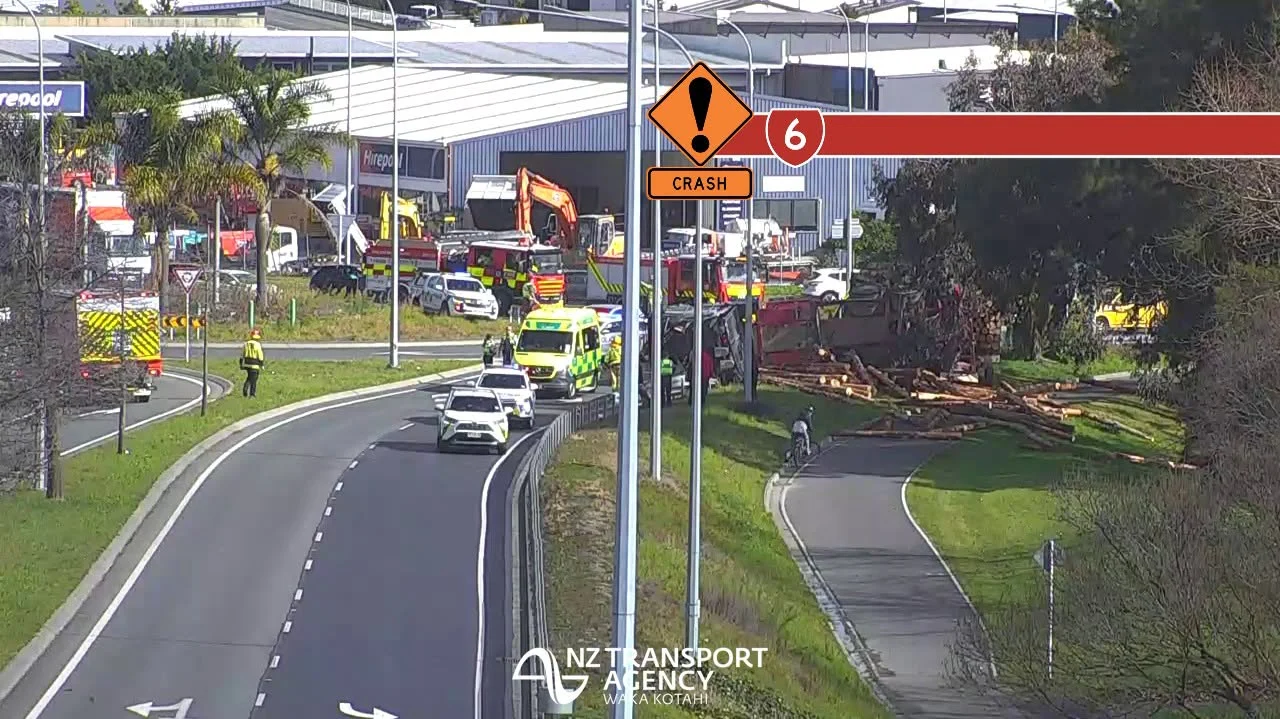 Logging truck rolls at Nelson roundabout, driver injured