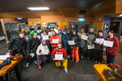 The finishers of Mt Hutt's 50-hour ski challenge run as part of Mt Hutt's 50th birthday celebrations.